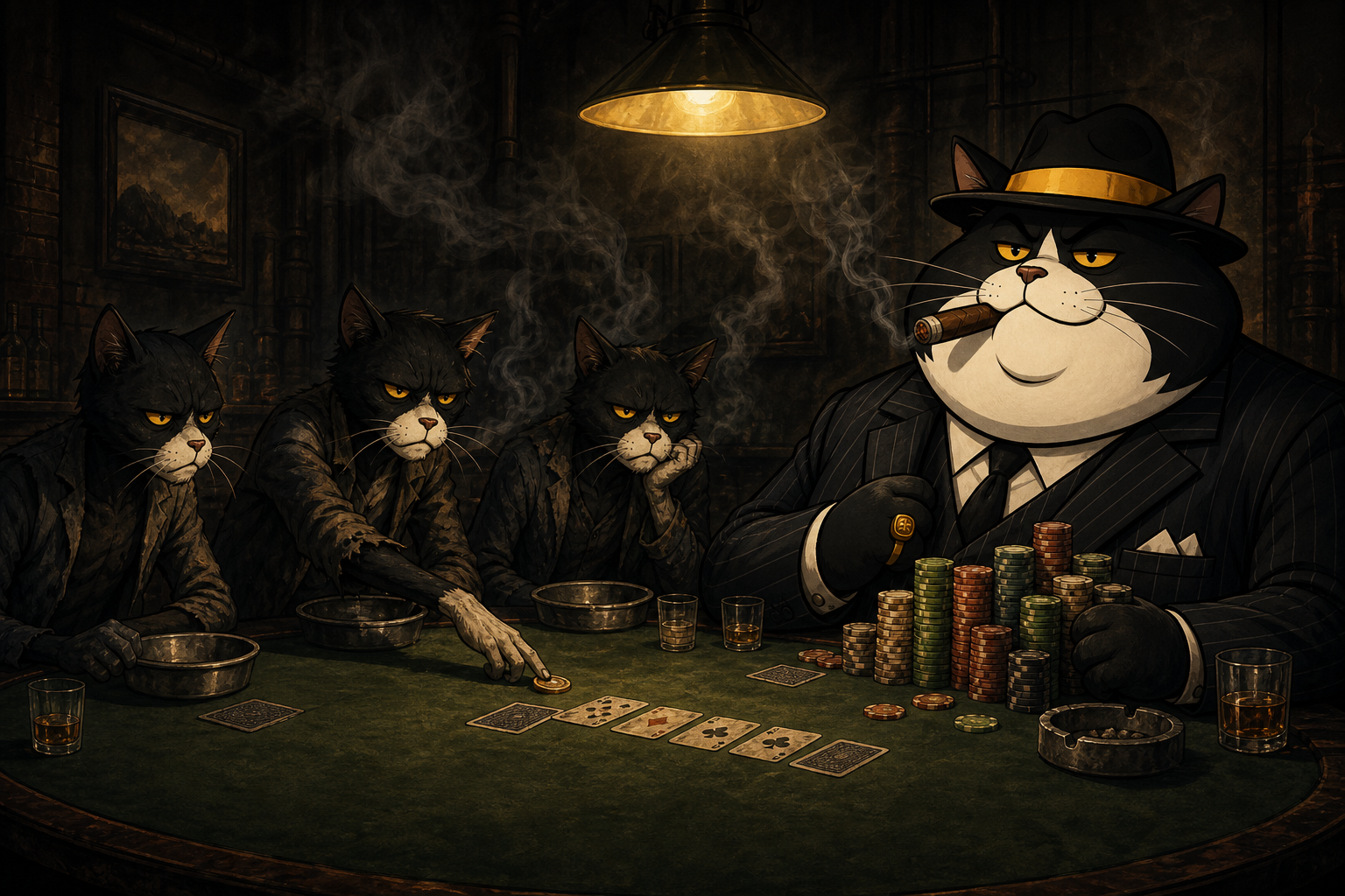 Fat Cat at the poker table with skinny cats across from him